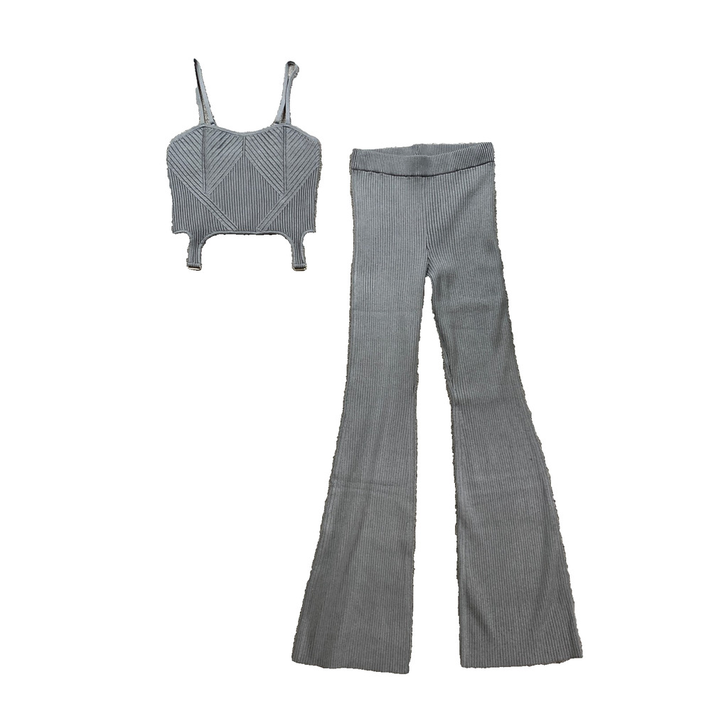 Alo Yoga Top Pants Set Womens S/M Blue Grey Dream Knit Garter Tank Flared 2 PC